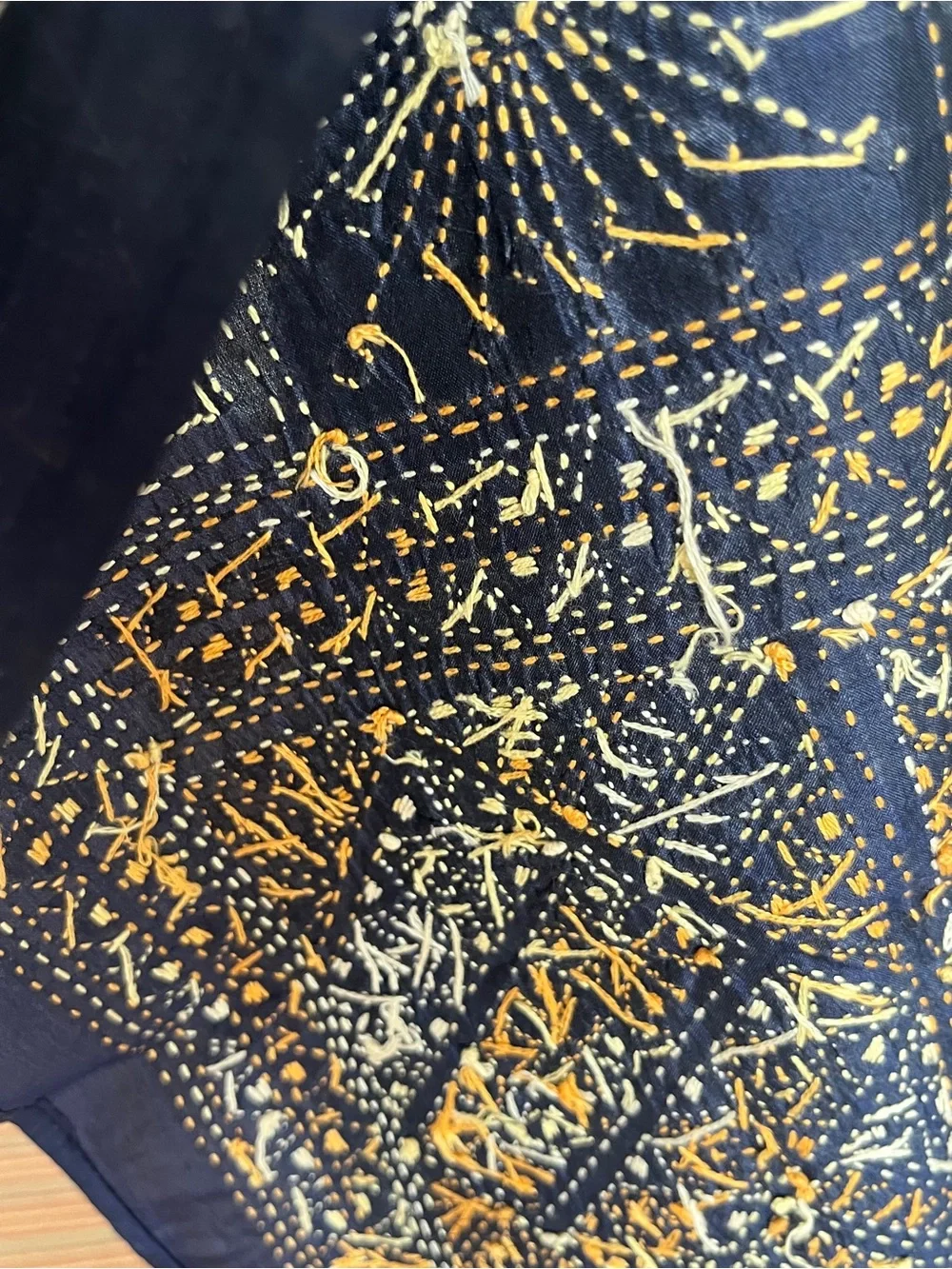 NEW HEIRLOOM STOLE SCARF SHAWL HAND EMBROIDERED KANTHA NAVY BLUE  & BEIGE  SILK